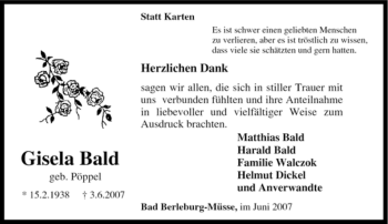 Traueranzeige von Gisela Bald von Tageszeitung