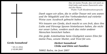 Traueranzeige von Gerda Sonnabend von Tageszeitung