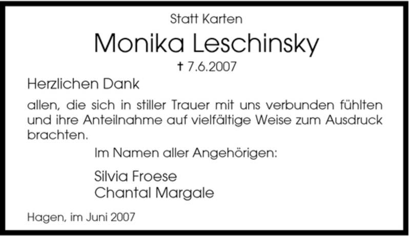  Traueranzeige für Monika Leschinsky vom 30.06.2007 aus Tageszeitung