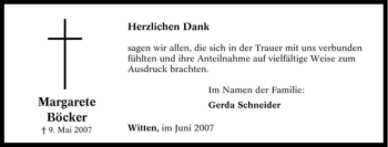 Traueranzeige von Margarete Böcker von Tageszeitung
