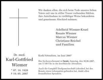 Traueranzeige von Karl-Gottfried Wiemer von Tageszeitung