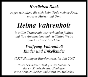 Traueranzeige von Helma Vahrenholt von Tageszeitung