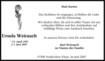 Traueranzeige von Ursula Weirauch von Tageszeitung
