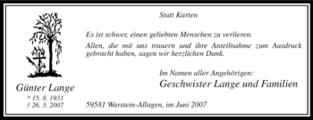 Traueranzeige von Günter Lange von Tageszeitung