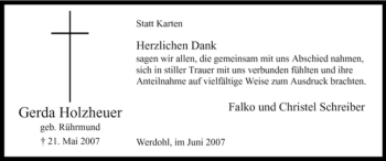 Traueranzeige von Gerda Holzheuer von Tageszeitung
