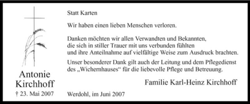  Traueranzeige für Antonie Kirchhoff vom 30.06.2007 aus Tageszeitung