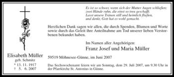 Traueranzeige von Elisabeth Müller von Tageszeitung