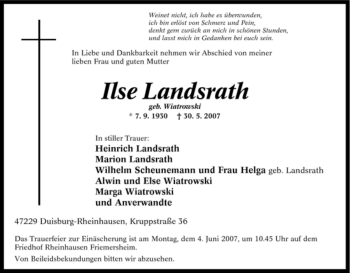Traueranzeige von Ilse Landsrath von Tageszeitung
