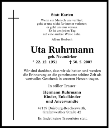 Traueranzeige von Uta Ruhrmann von Tageszeitung