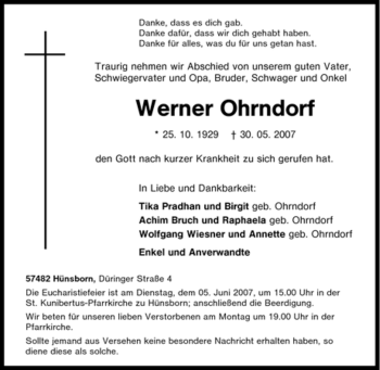 Traueranzeige von Werner Ohrndorf von Tageszeitung