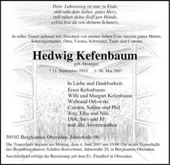 Traueranzeige von Hedwig Kefenbaum von Tageszeitung