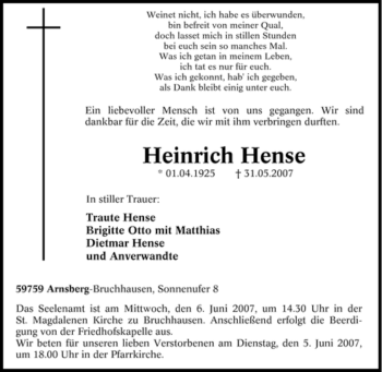 Traueranzeige von Heinrich Hense von Tageszeitung