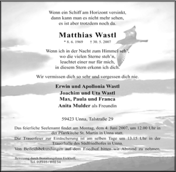 Traueranzeige von Matthias Wastl von Tageszeitung