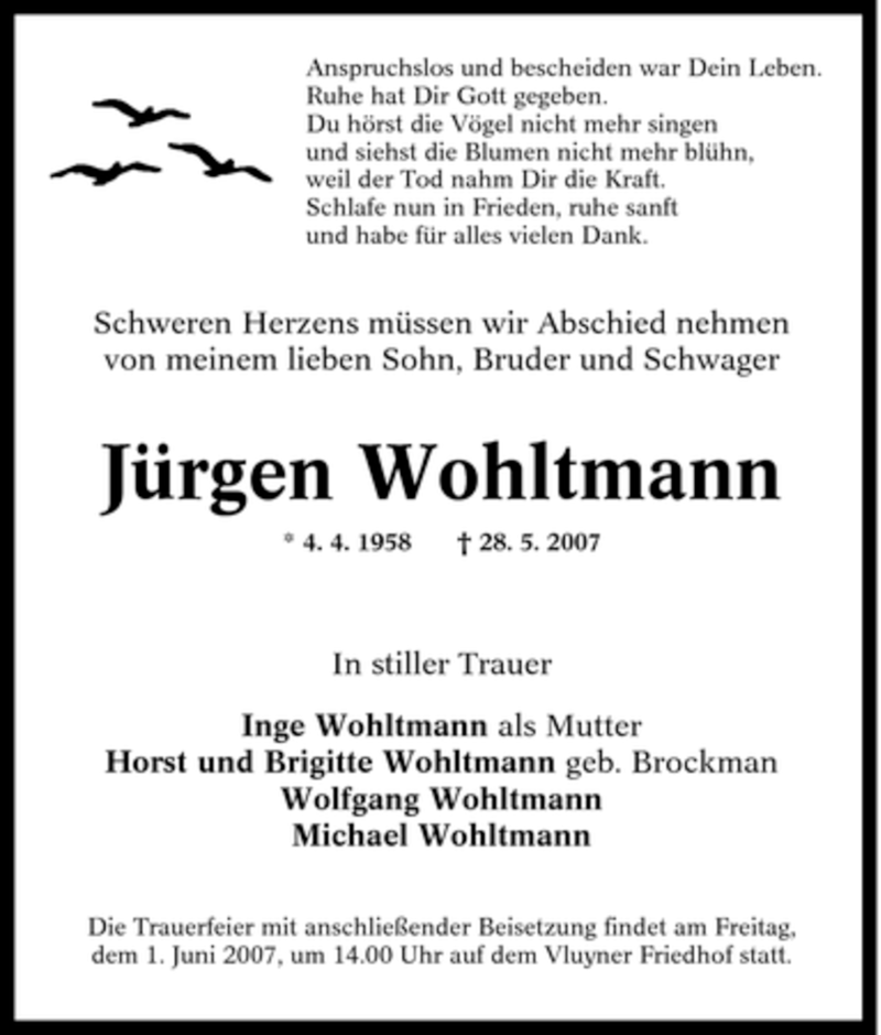  Traueranzeige für Jürgen Wohltmann vom 01.06.2007 aus Tageszeitung