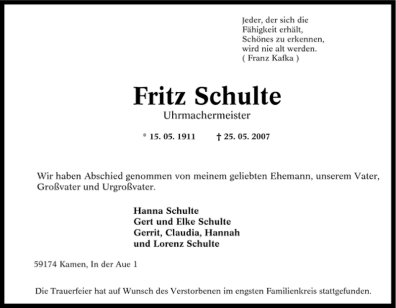  Traueranzeige für Fritz Schulte vom 01.06.2007 aus Tageszeitung