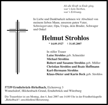 Traueranzeige von Helmut Strohlos von Tageszeitung