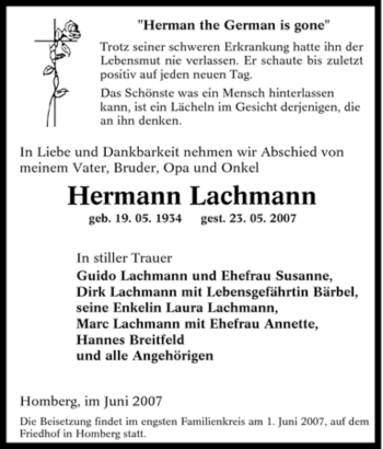 Traueranzeige von Hermann Lachmann von Tageszeitung