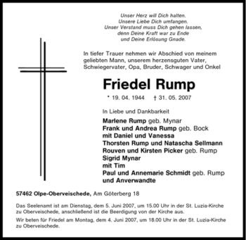 Traueranzeige von Friedel Rump von Tageszeitung