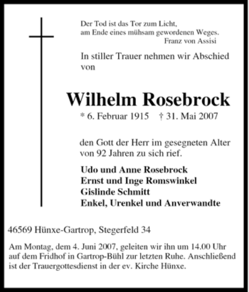 Traueranzeige von Wilhelm Rosebrock von Tageszeitung