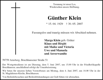 Traueranzeige von Günther Klein von Tageszeitung