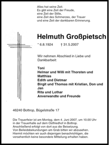 Traueranzeige von Helmuth Großpietsch von Tageszeitung