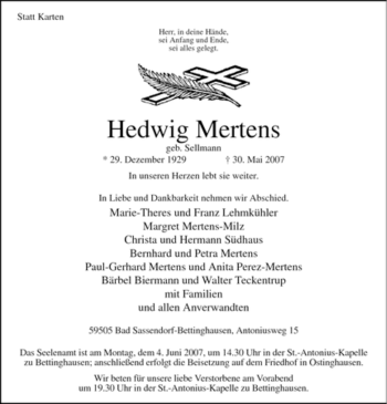 Traueranzeige von Hedwig Mertens von Tageszeitung