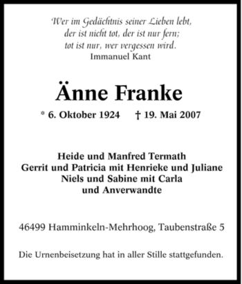 Traueranzeige von Änne Franke von Tageszeitung