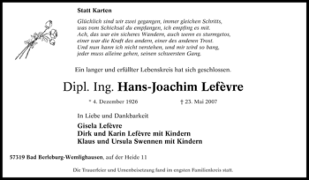 Traueranzeige von Hans-Joachim Lefevre von Tageszeitung