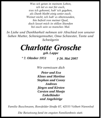 Traueranzeige von Charlotte Grosche von Tageszeitung