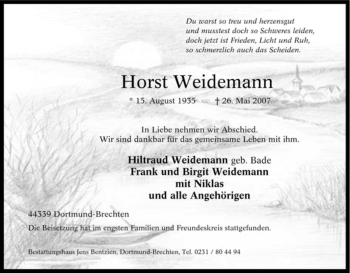 Traueranzeige von Horst Weidemann von Tageszeitung