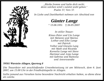Traueranzeige von Günter Lange von Tageszeitung