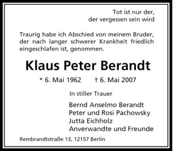 Traueranzeige von Klaus Peter Berandt von Tageszeitung