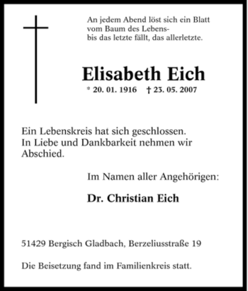 Traueranzeige von Elisabeth Eich von Tageszeitung