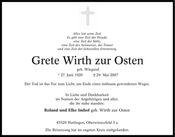 Traueranzeige von Grete Wirth zur Osten von Tageszeitung