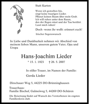 Traueranzeige von Hans-Joachim Lieder von Tageszeitung