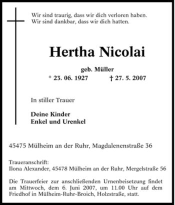 Traueranzeige von Hertha Nicolai von Tageszeitung