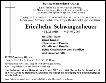 Traueranzeige von Friedhelm Schwingenheuer von Tageszeitung