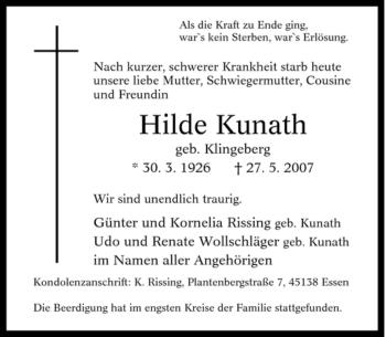 Traueranzeige von Hilde Kunath von Tageszeitung