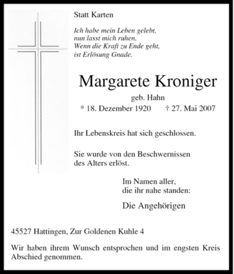  Traueranzeige für Margarete Kroniger vom 02.06.2007 aus Tageszeitung