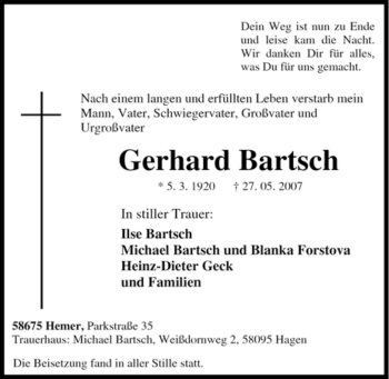Traueranzeige von Gerhard Bartsch von Tageszeitung
