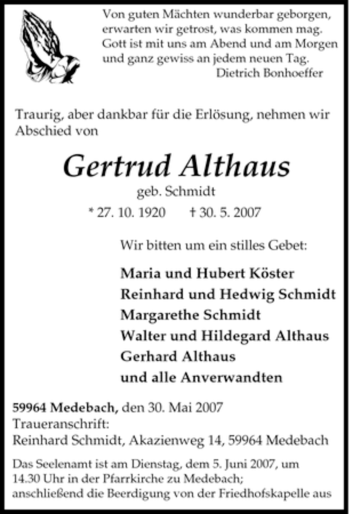 Traueranzeige von Gertrud Althaus von Tageszeitung