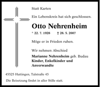 Traueranzeige von Otto Nehrenheim von Tageszeitung
