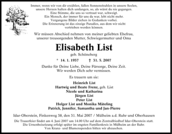 Traueranzeige von Elisabeth List von Tageszeitung