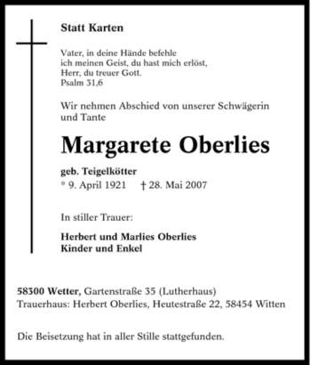 Traueranzeige von Margarete Oberlies von Tageszeitung
