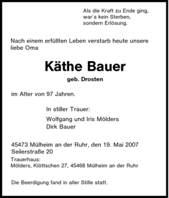 Traueranzeige von Käthe Bauer von Tageszeitung