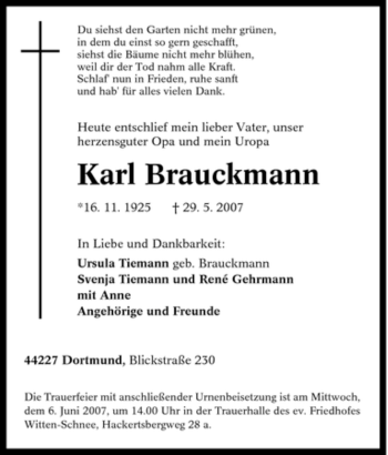 Traueranzeige von Karl Brauckmann von Tageszeitung