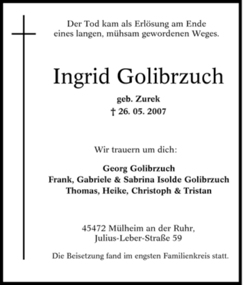 Traueranzeige von Ingrid Golibrzuch von Tageszeitung