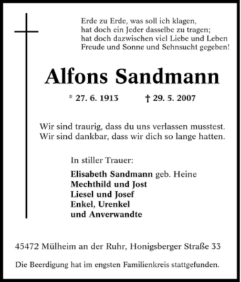 Traueranzeige von Alfons Sandmann von Tageszeitung