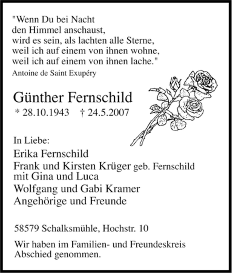  Traueranzeige für Günther Fernschild vom 02.06.2007 aus Tageszeitung