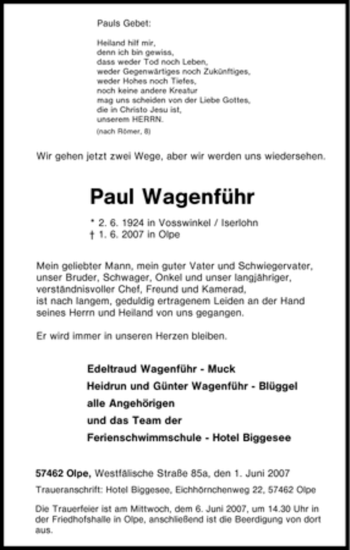 Traueranzeige von Paul Wagenführ von Tageszeitung